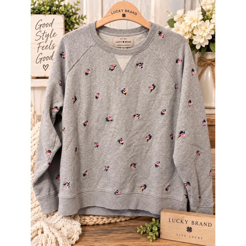 Lucky Brand Gray Embroidered Rose Floral Crewneck Sweatshirt Large Raglan Sleeve